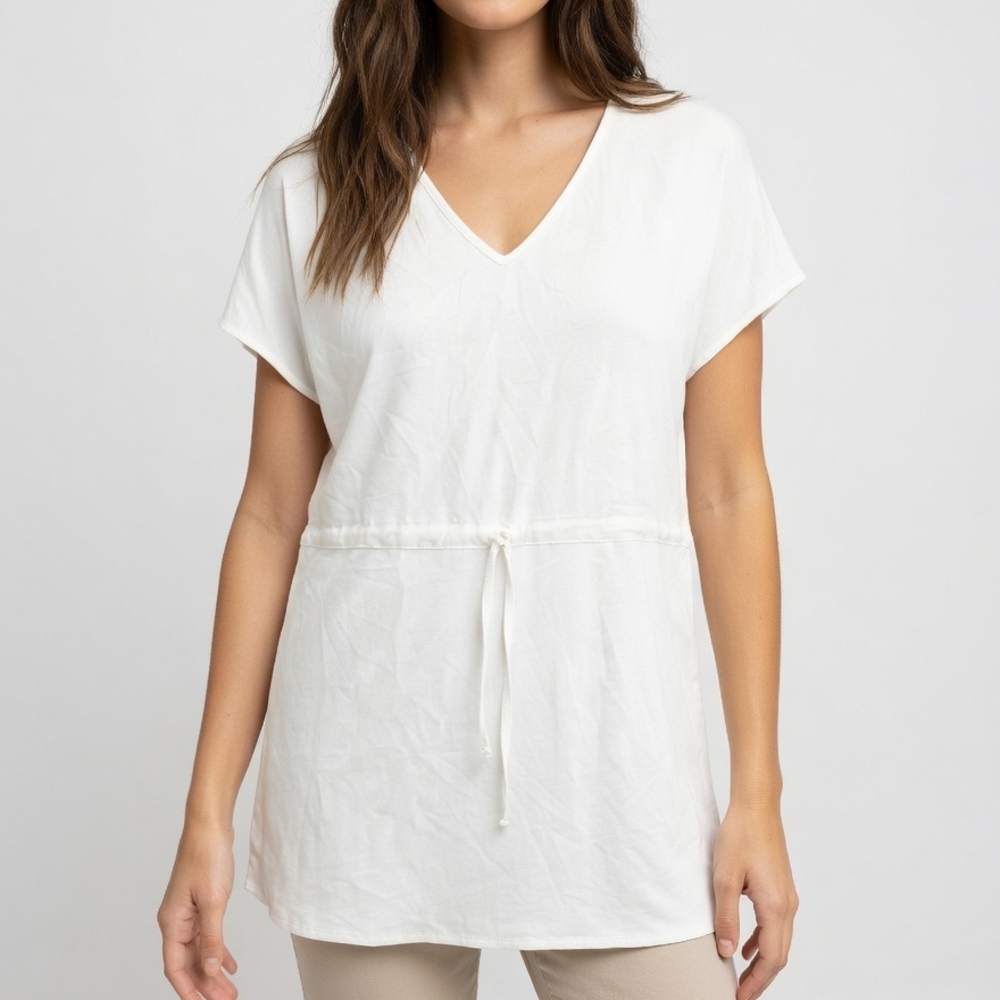 V-Neck Drawstring Tunic Top in White Bin 07